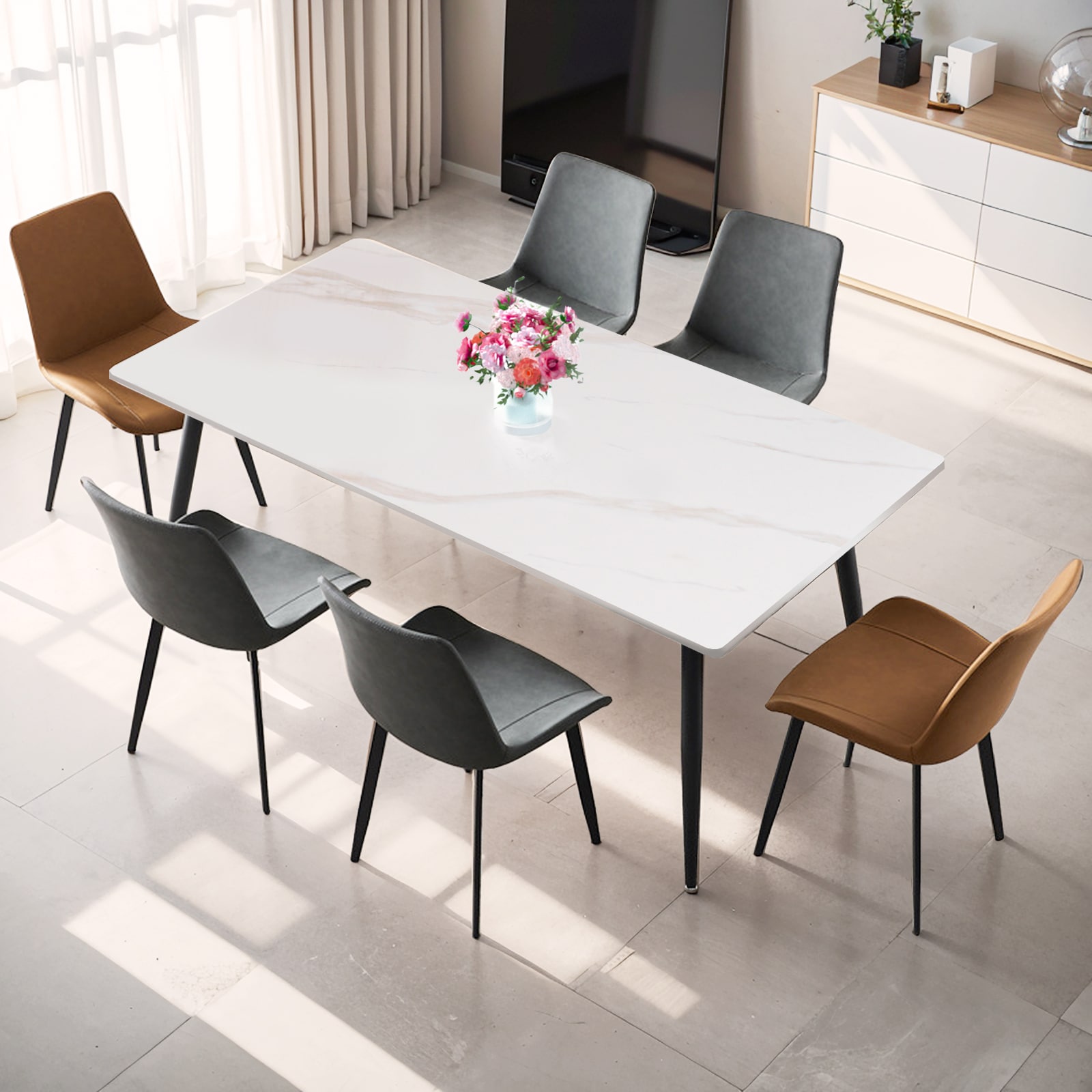 Dining Table Sintered Stone/Marble/Porcelain Table for Kitchen, Living Room, 63 inch Gloss White Table Only Dining Table Sintered Stone/Marble/Porcelain Table for Kitchen, Living Room, 63 inch Gloss White Table Only